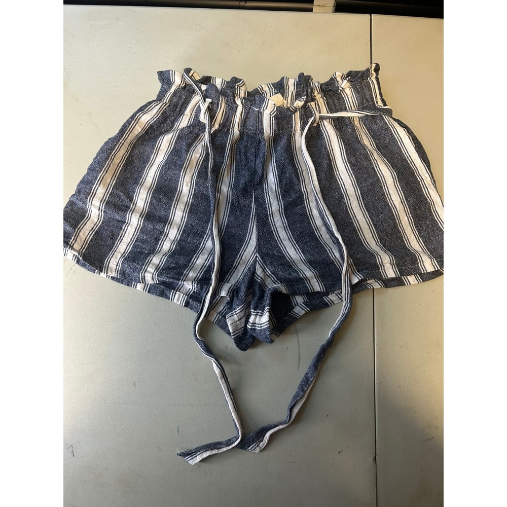 Aeropostale Linen Blend Shorts Womens Small Blue Striped Paperbag Waist Casual